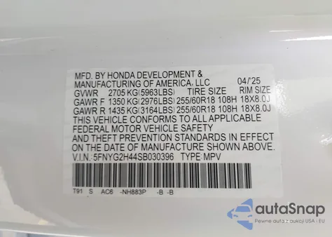 2025 Honda Pilot Ex-L from USA, damaged, VIN 5FNYG2H44SB030396